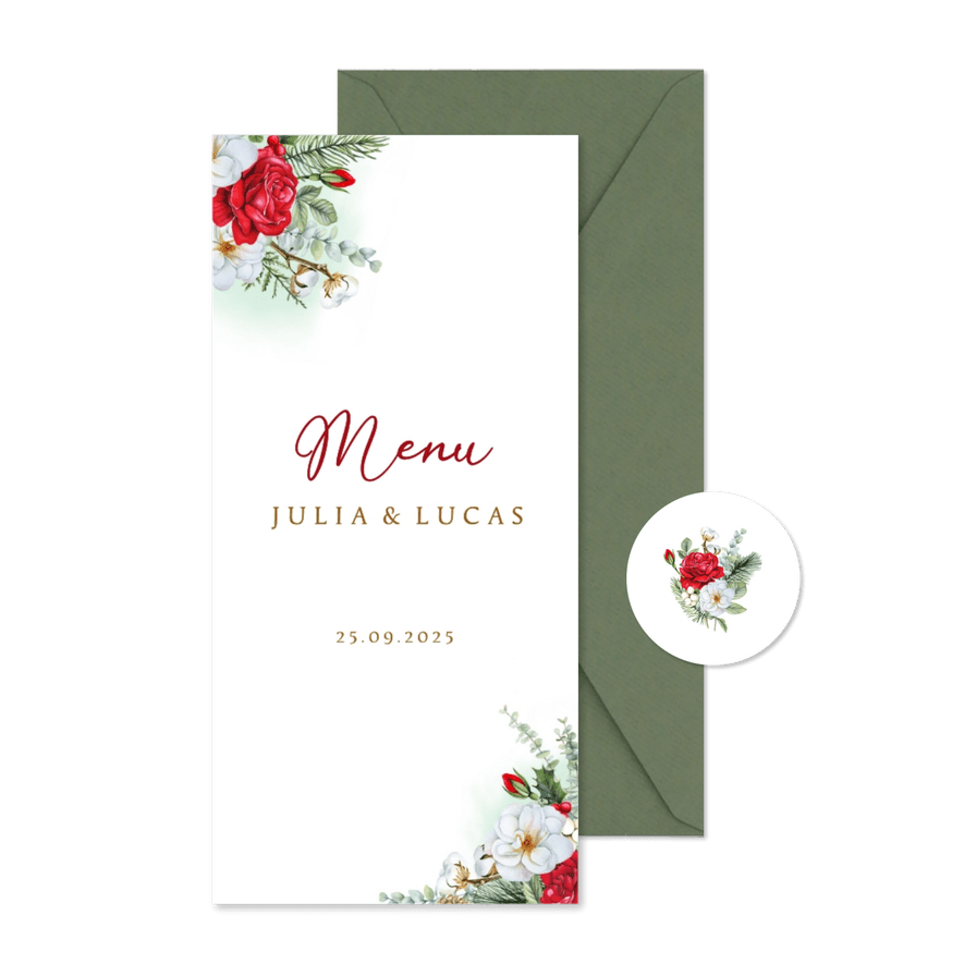 Trouwkaart menu rozen winter - Kaartimpressie