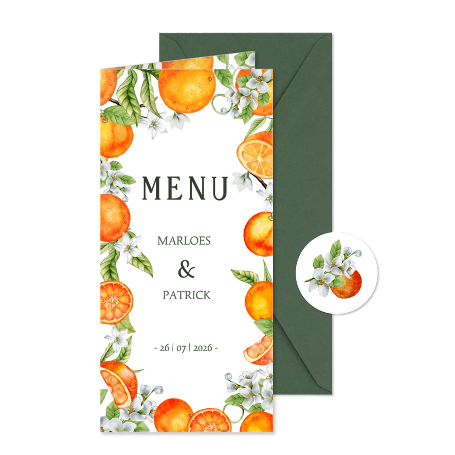 Trouwkaart menu sinaasappels met bloesem - Kaartimpressie