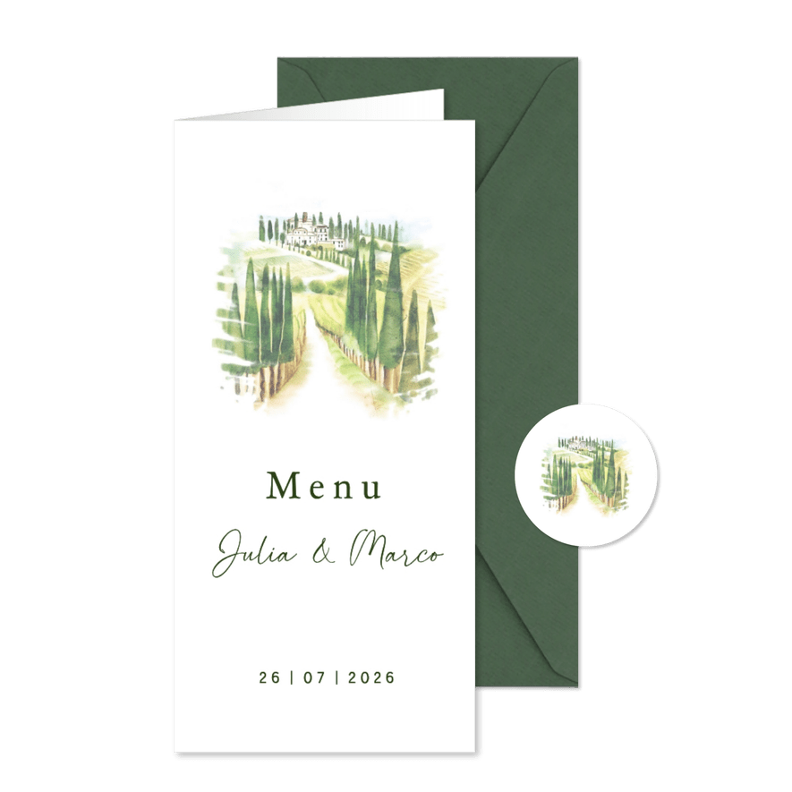 Trouwkaart menu Toscane landschap - Kaartimpressie