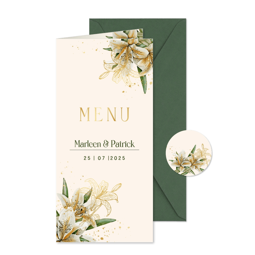 Trouwkaart menu witte lelies goudfolie - Kaartimpressie