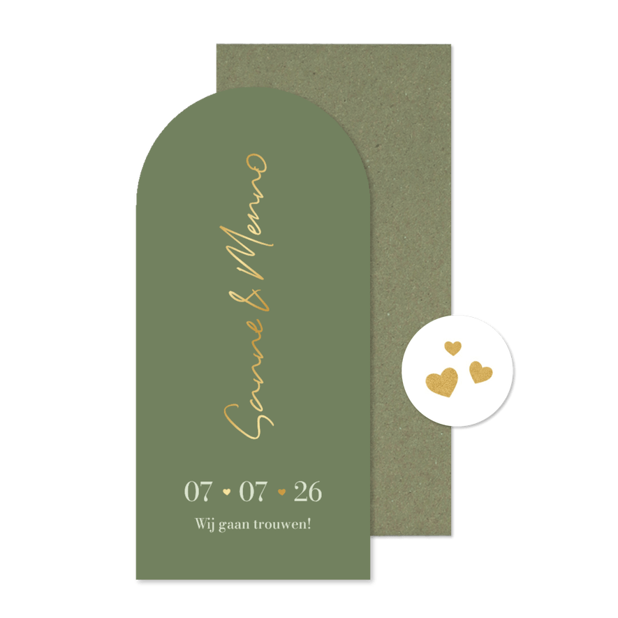 Trouwkaart met boog groen minimalistisch goud hartjes - Kaartimpressie