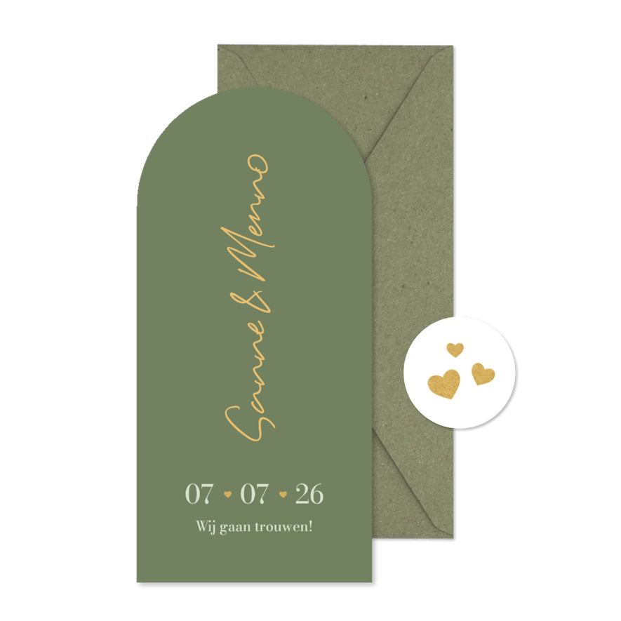 Trouwkaart met boog groen minimalistisch goud hartjes - Kaartimpressie