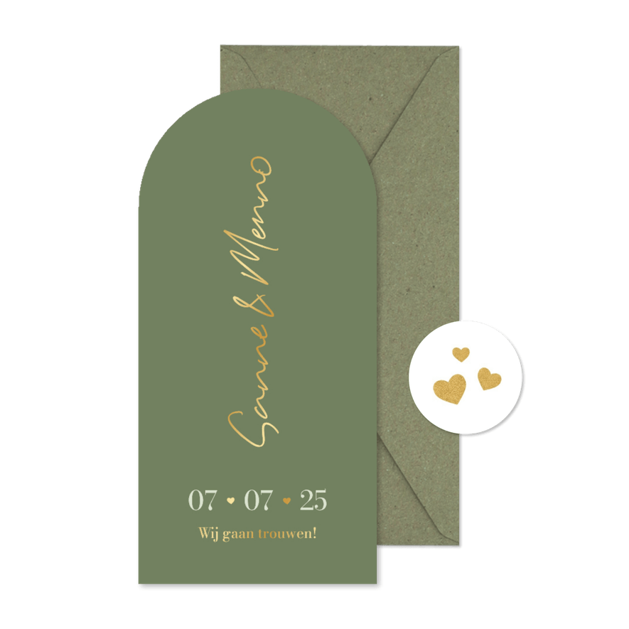 Trouwkaart met boog groen minimalistisch goud hartjes - Kaartimpressie