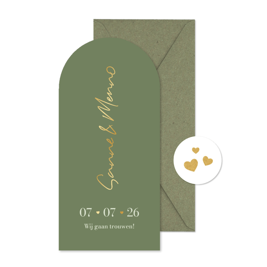 Trouwkaart met boog groen minimalistisch goud hartjes - Kaartimpressie