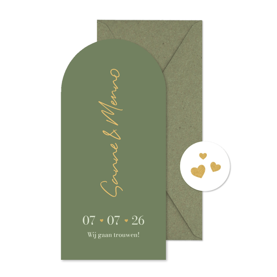 Trouwkaart met boog groen minimalistisch goud hartjes - Kaartimpressie