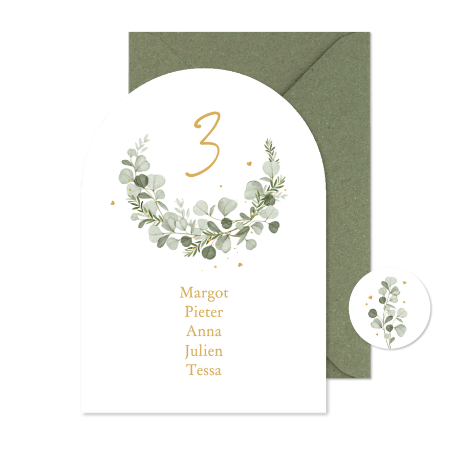 Trouwkaart met boog tafelschikking eucalyptus stijlvol - Kaartimpressie