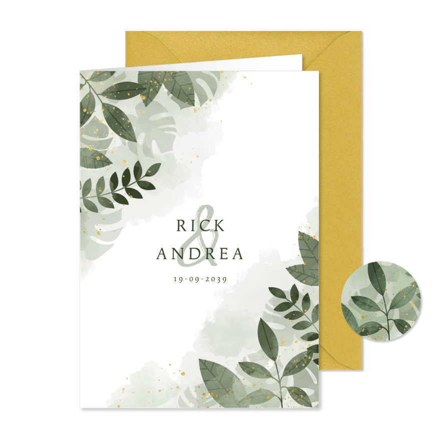 Trouwkaart met botanisch thema, waterverf en gouden spetters - Kaartimpressie