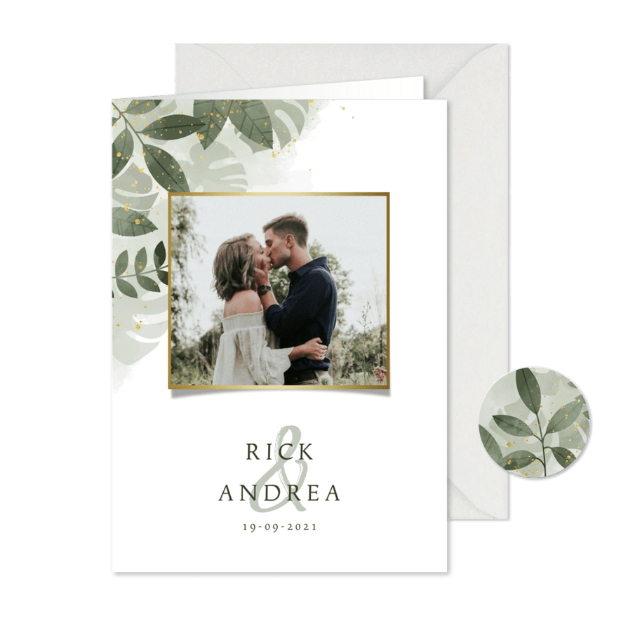 Trouwkaart met foto, botanische print en waterverf - Kaartimpressie