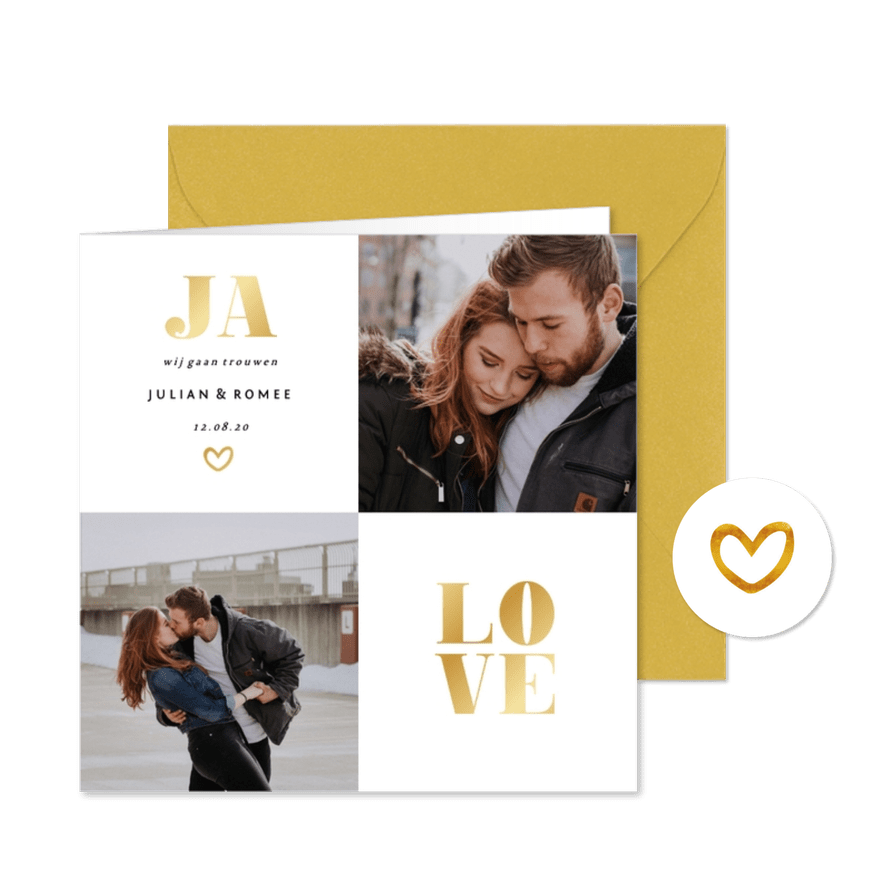 Trouwkaart met foto en gouden accenten vierkant - Kaartimpressie