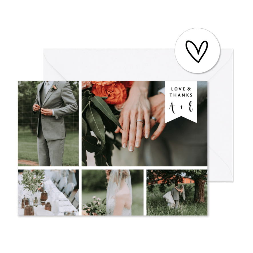 Trouwkaart met fotocollage en label met namen liggend - Kaartimpressie