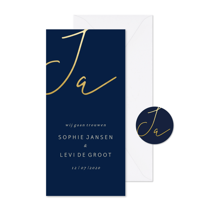 Trouwkaart met gouden 'JA' langwerpig - Kaartimpressie