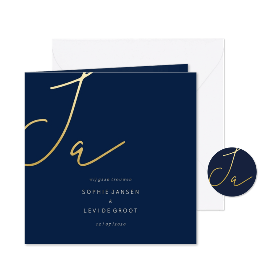 Trouwkaart met gouden 'JA' vierkant - Kaartimpressie
