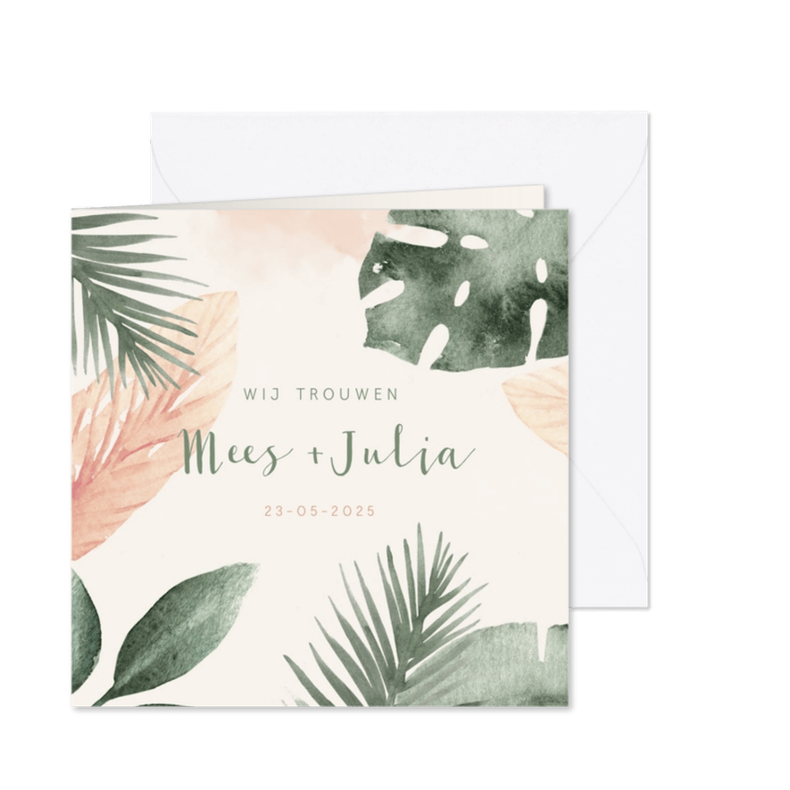 Trouwkaart met groene en zalmroze bladeren van waterverf - Kaartimpressie