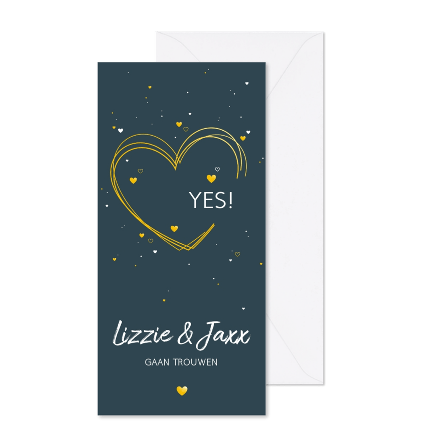 Trouwkaart met hartjes in goud en wit - Kaartimpressie