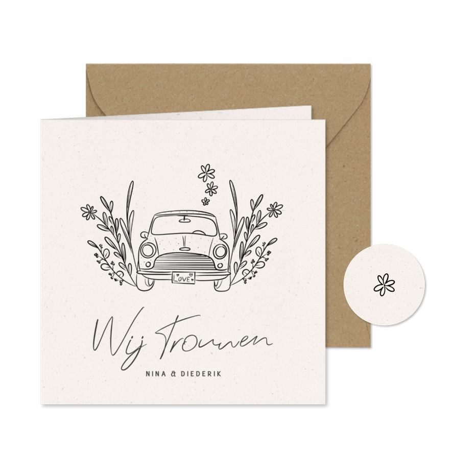 Trouwkaart met illustratie van auto en bloemen - Kaartimpressie