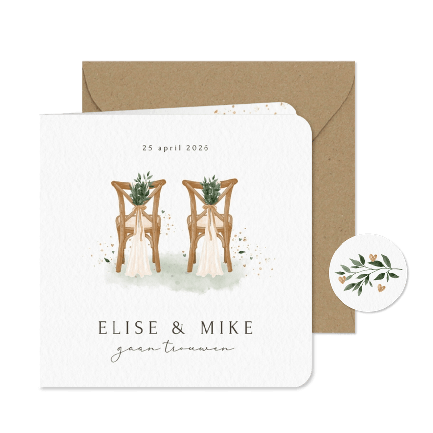 Trouwkaart met illustratie van trouwstoelen - Kaartimpressie