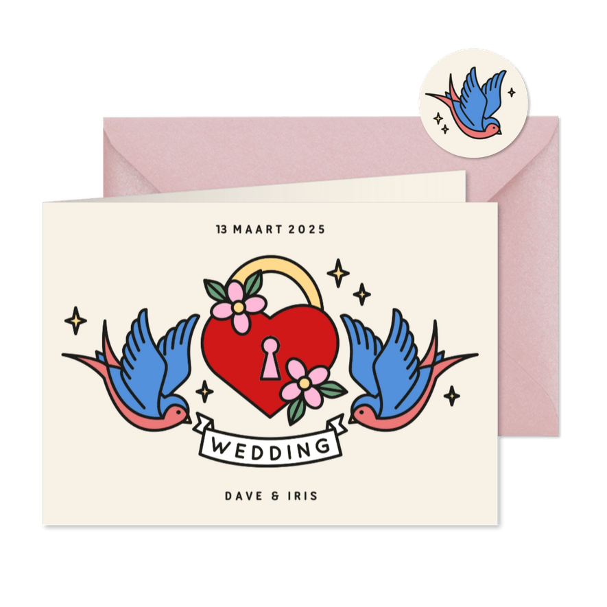 Trouwkaart met illustraties van vogels en slotje tattoo - Kaartimpressie