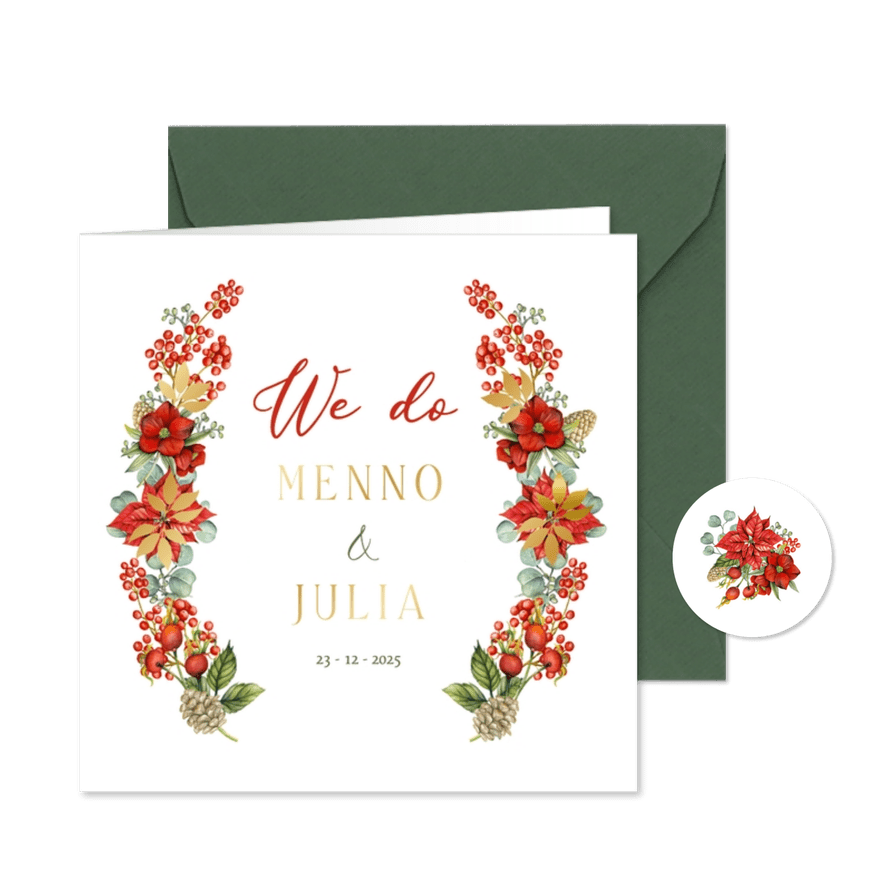 Trouwkaart met kerstrozen en euqalyptus en echte folie - Kaartimpressie