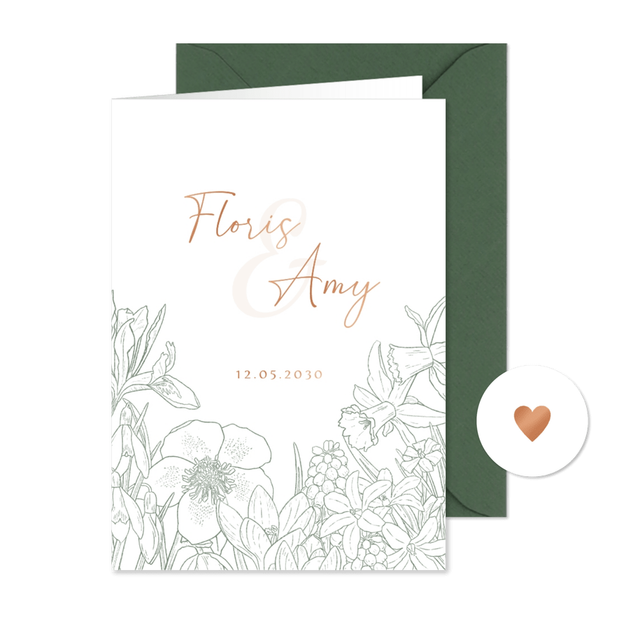 Trouwkaart met lentebloemen - Kaartimpressie