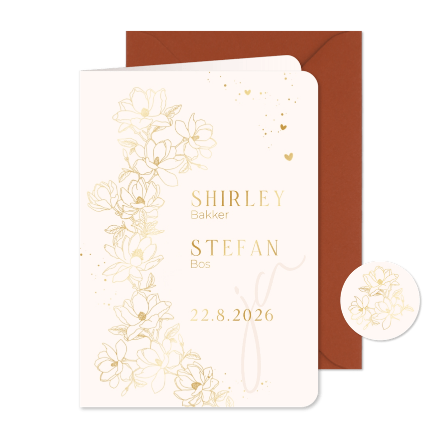 Trouwkaart met lijntekening Magnolia - Kaartimpressie