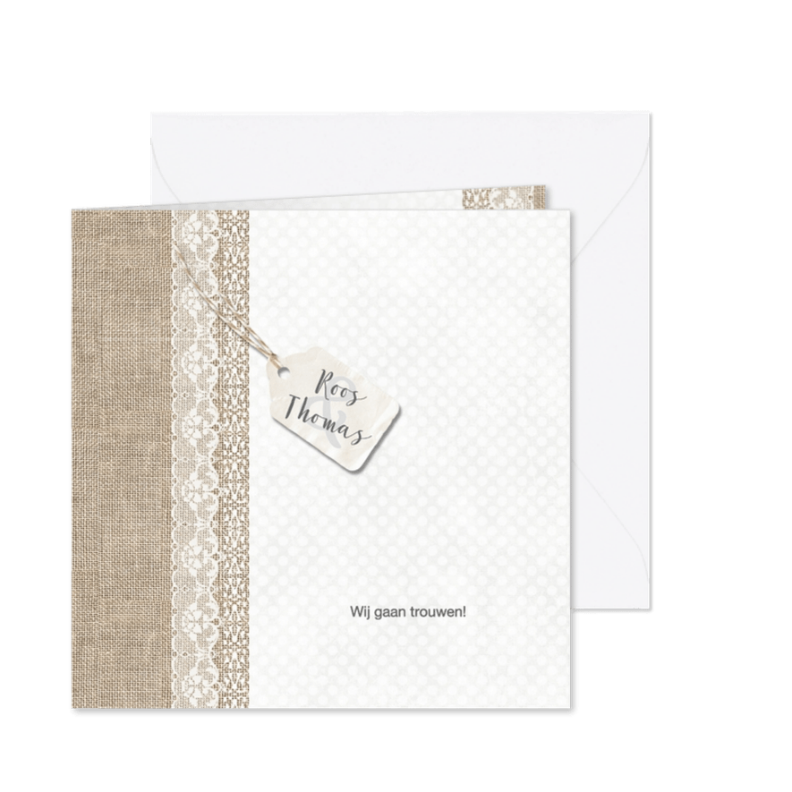 Trouwkaart met linnen en kant - Kaartimpressie