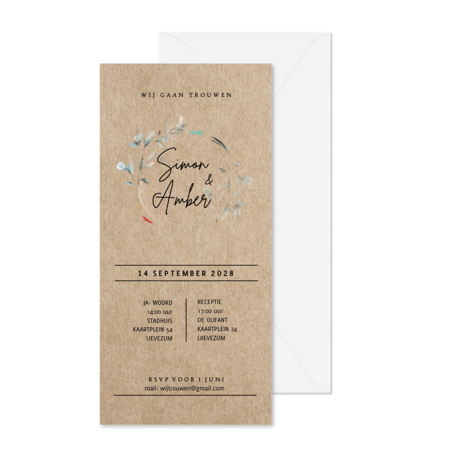 Trouwkaart met prachtige watercolor bloemen - Kaartimpressie