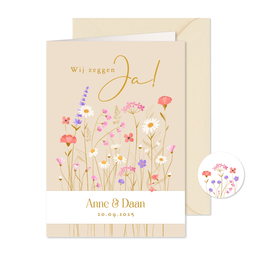 Trouwkaart met sierlijke wilde bloemen en wikkel effect  - Kaartimpressie