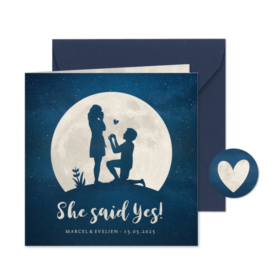 Trouwkaart met silhouet van een aanzoek in volle maan - Kaartimpressie