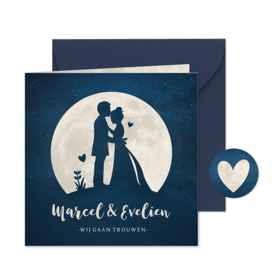 Trouwkaart met  silhouet van een bruidspaar in volle maan - Kaartimpressie