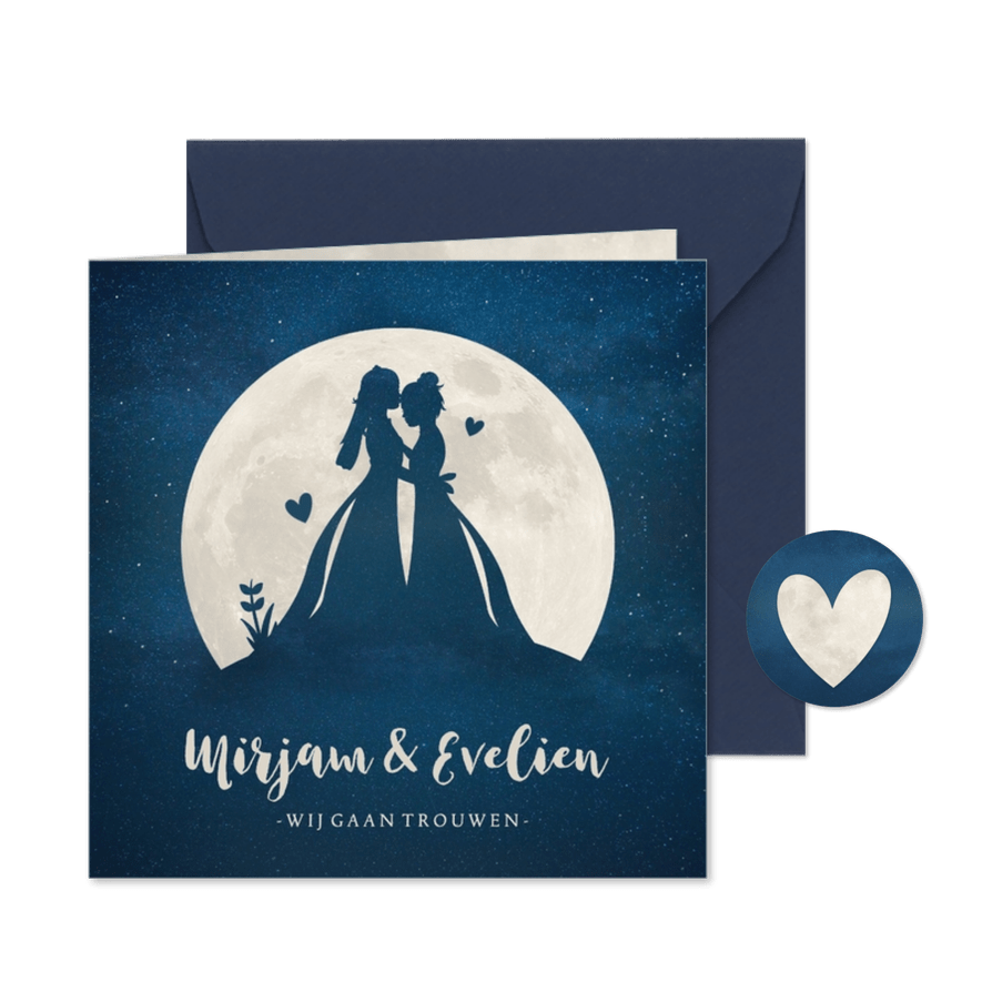 Trouwkaart met silhouetten van 2 vrouwen in volle maan - Kaartimpressie