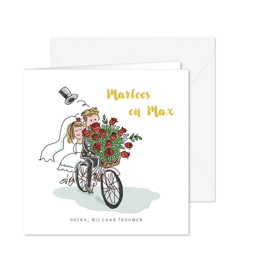 Trouwkaart met stel op een fiets met rozen - Kaartimpressie