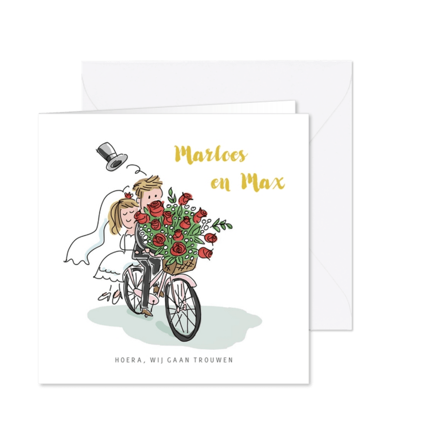 Trouwkaart met stel op een fiets met rozen - Kaartimpressie