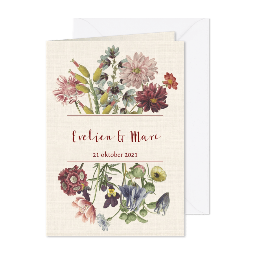 Trouwkaart met stijlvolle pastelkleurige bloemen - Kaartimpressie