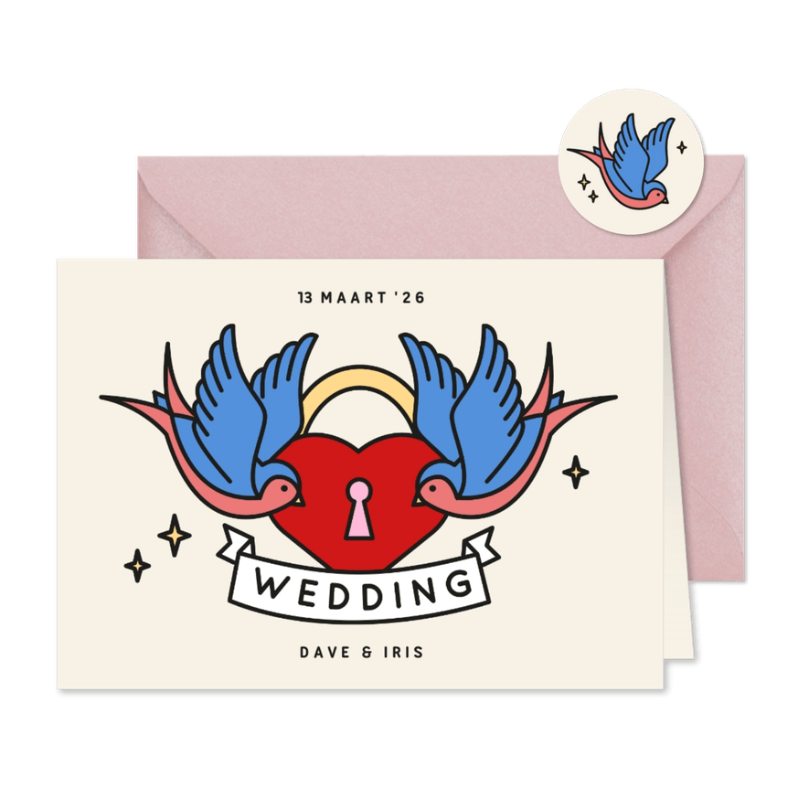 Trouwkaart met tattoo style illustraties zwaluw en slotje - Kaartimpressie