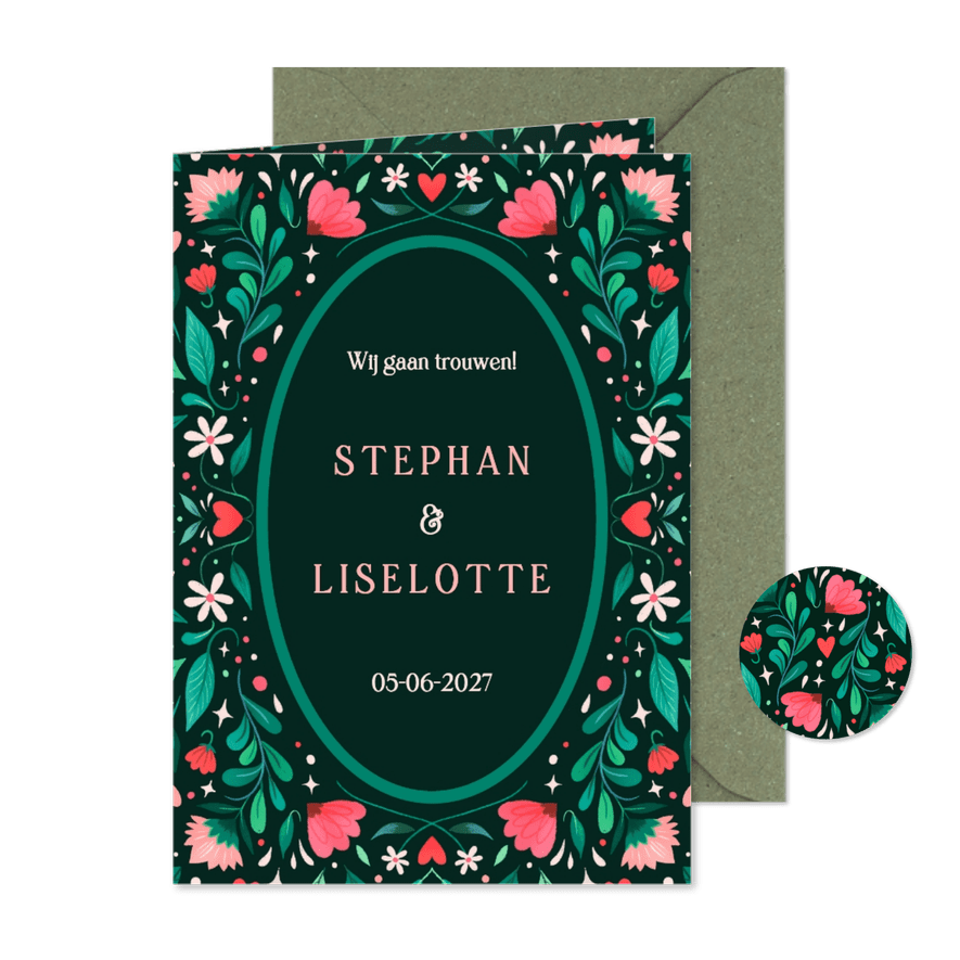 Trouwkaart met vrolijk geïllustreerd bloemenkader - Kaartimpressie