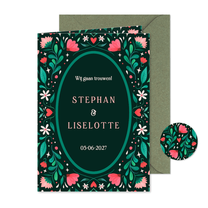 Trouwkaart met vrolijk geïllustreerd bloemenkader - Kaartimpressie