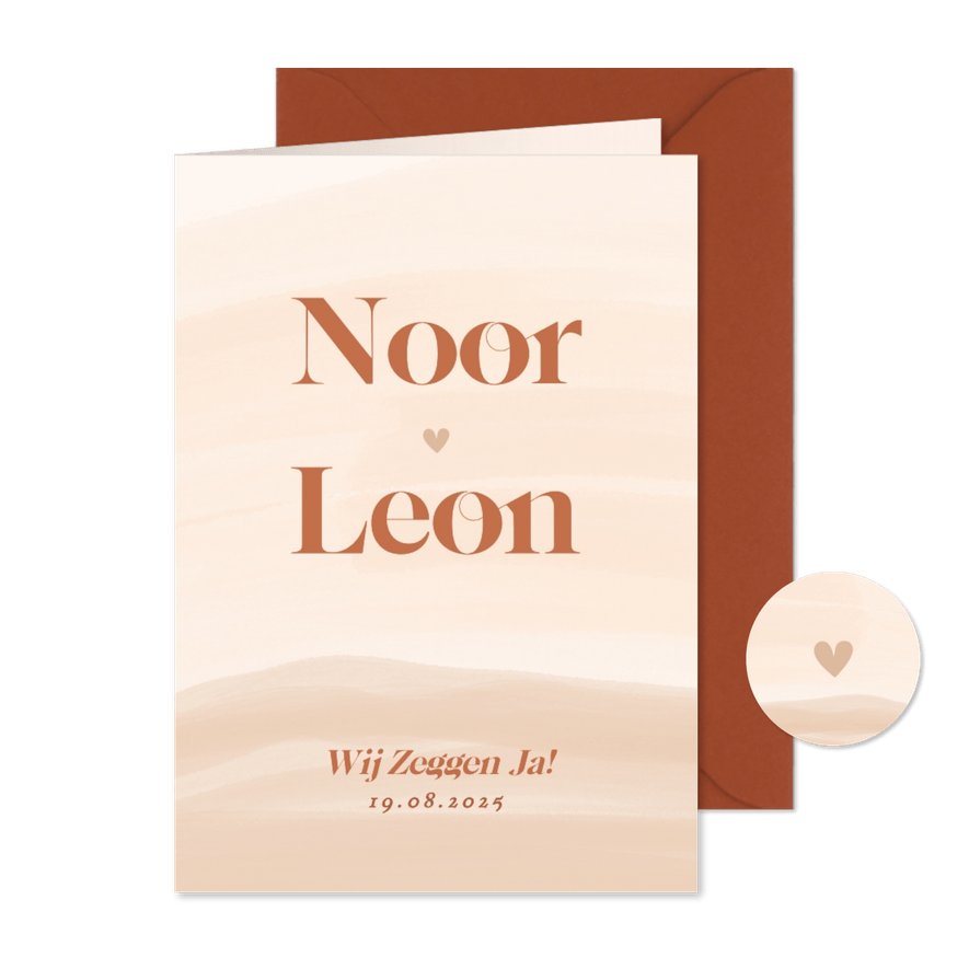 Trouwkaart met waterverf in beige oranje tinten  - Kaartimpressie