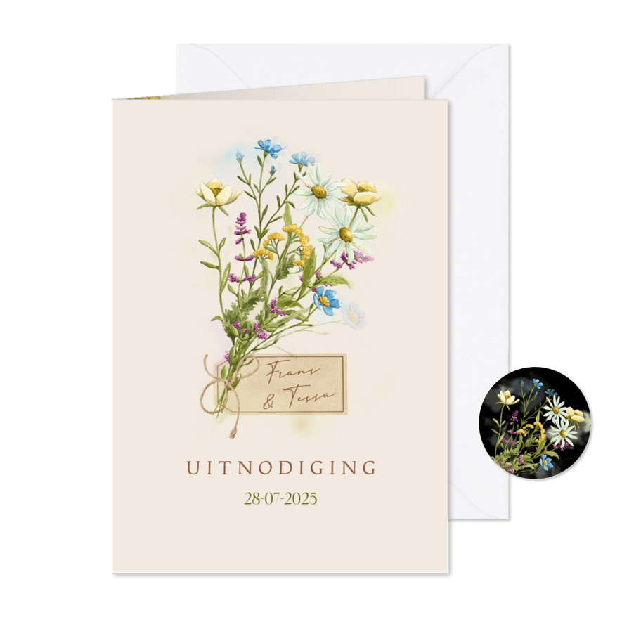 Trouwkaart met wilde bloemen en labeltje - Kaartimpressie