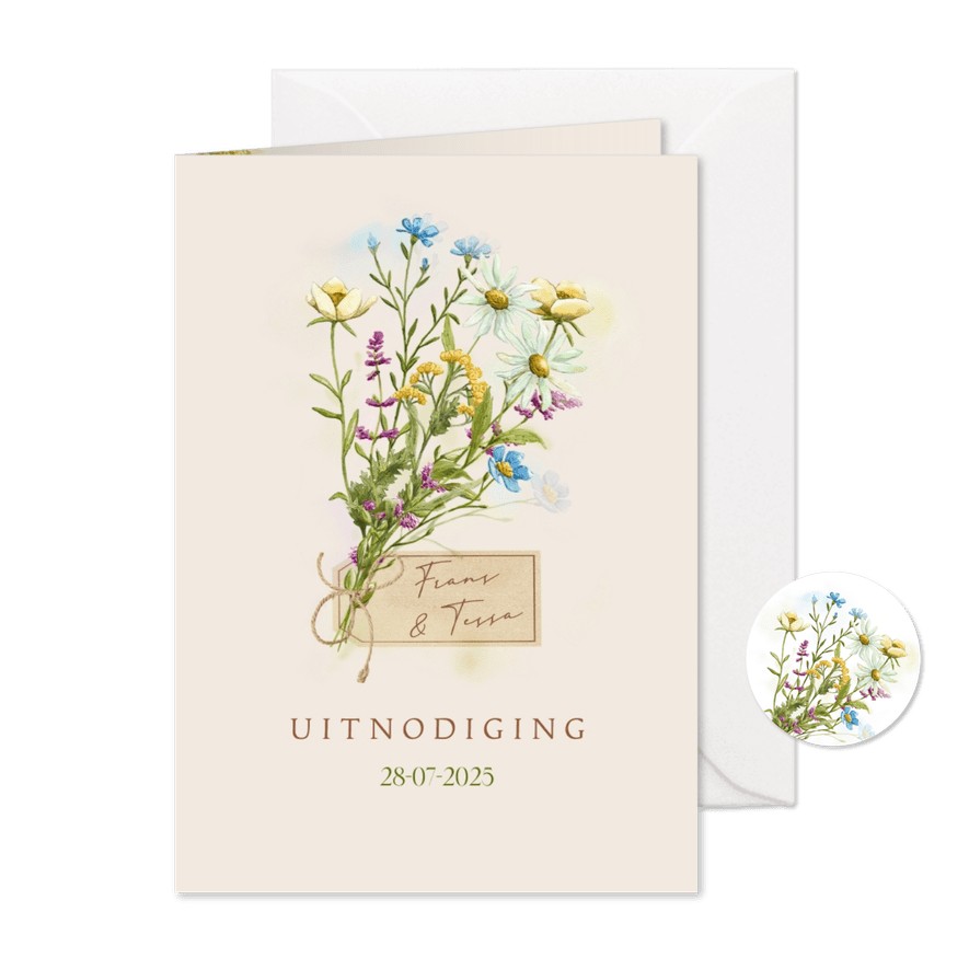 Trouwkaart met wilde bloemen en labeltje - Kaartimpressie