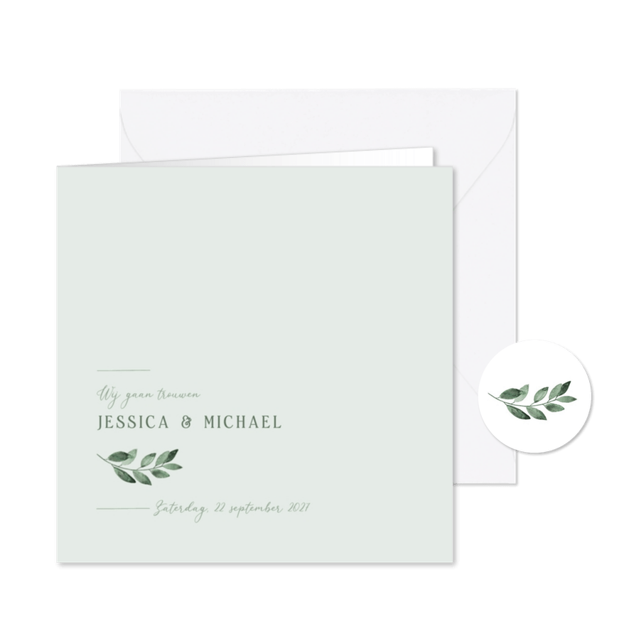 Trouwkaart minimalistisch grafisch groen waterverf takje - Kaartimpressie