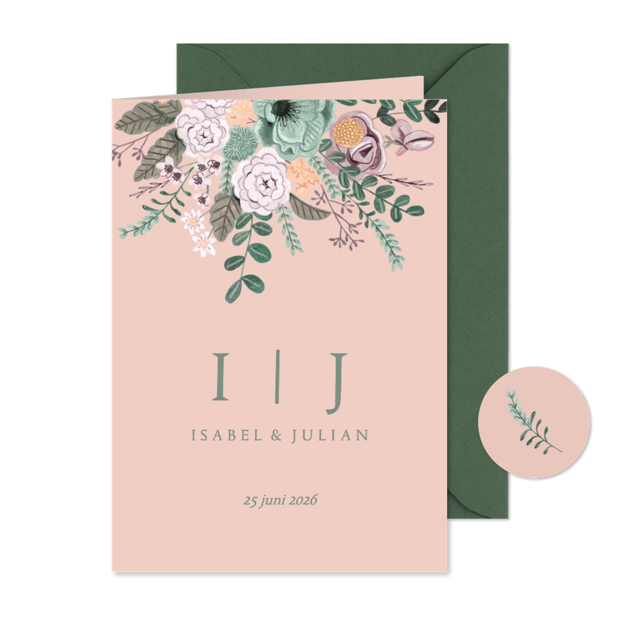 Trouwkaart minimalistisch klassiek bloemen - Kaartimpressie