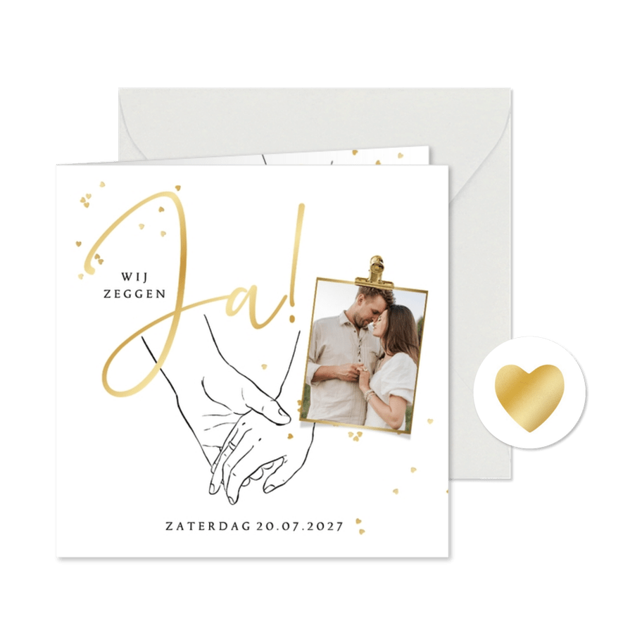 Trouwkaart minimalistisch lijntekening handen hartjes goud - Kaartimpressie