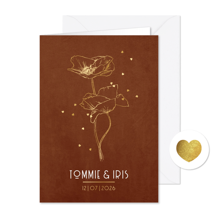 Trouwkaart minimalistisch velvet lijnillustratie foliedruk - Kaartimpressie