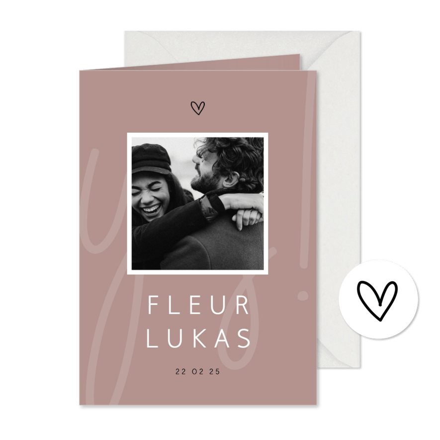 Trouwkaart minimalistisch yes met foto en hartje - Kaartimpressie