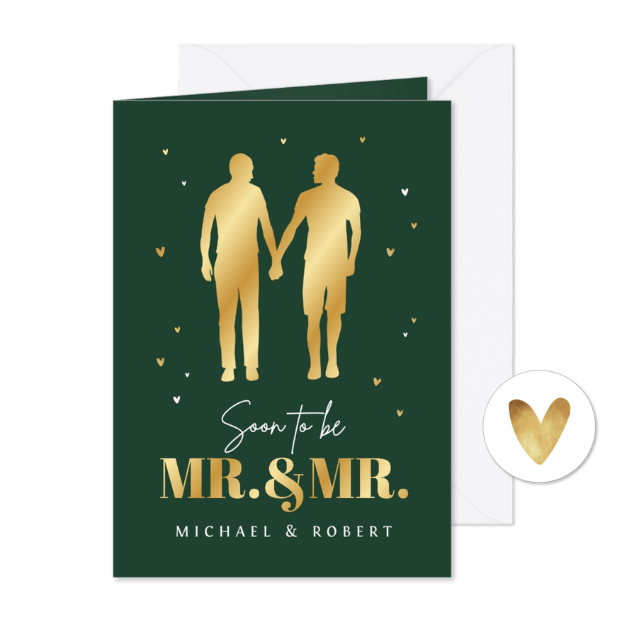 Trouwkaart mr and mr goud hartjes silhouetten mannen - Kaartimpressie