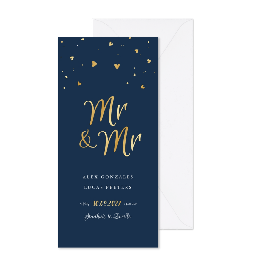 Trouwkaart mr and mr hartjes goud spetters - Kaartimpressie