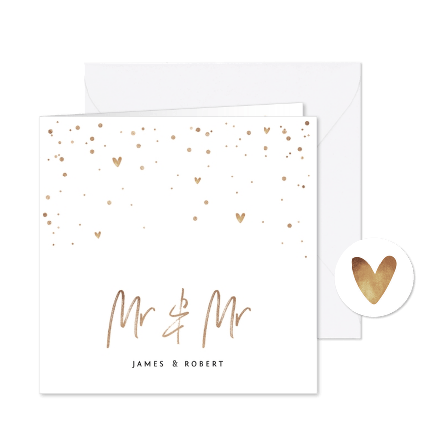 Trouwkaart Mr & Mr met goudlook tekst, confetti en hartjes - Kaartimpressie