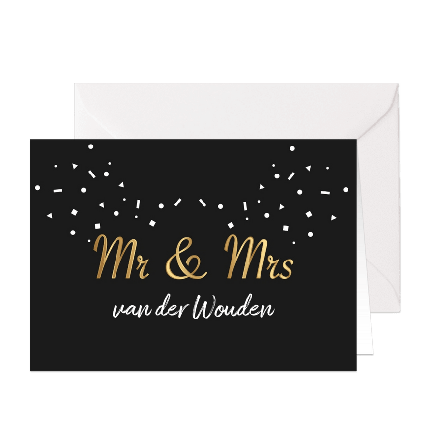 Trouwkaart mr & mrs goud zwart confetti - Kaartimpressie