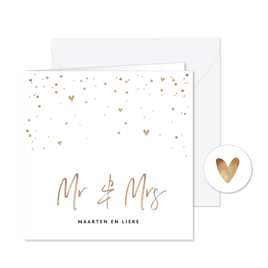 Trouwkaart Mr & Mrs met goudlook tekst, confetti en hartjes - Kaartimpressie