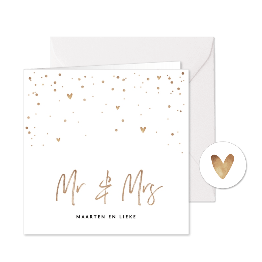 Trouwkaart Mr & Mrs met goudlook tekst, confetti en hartjes - Kaartimpressie